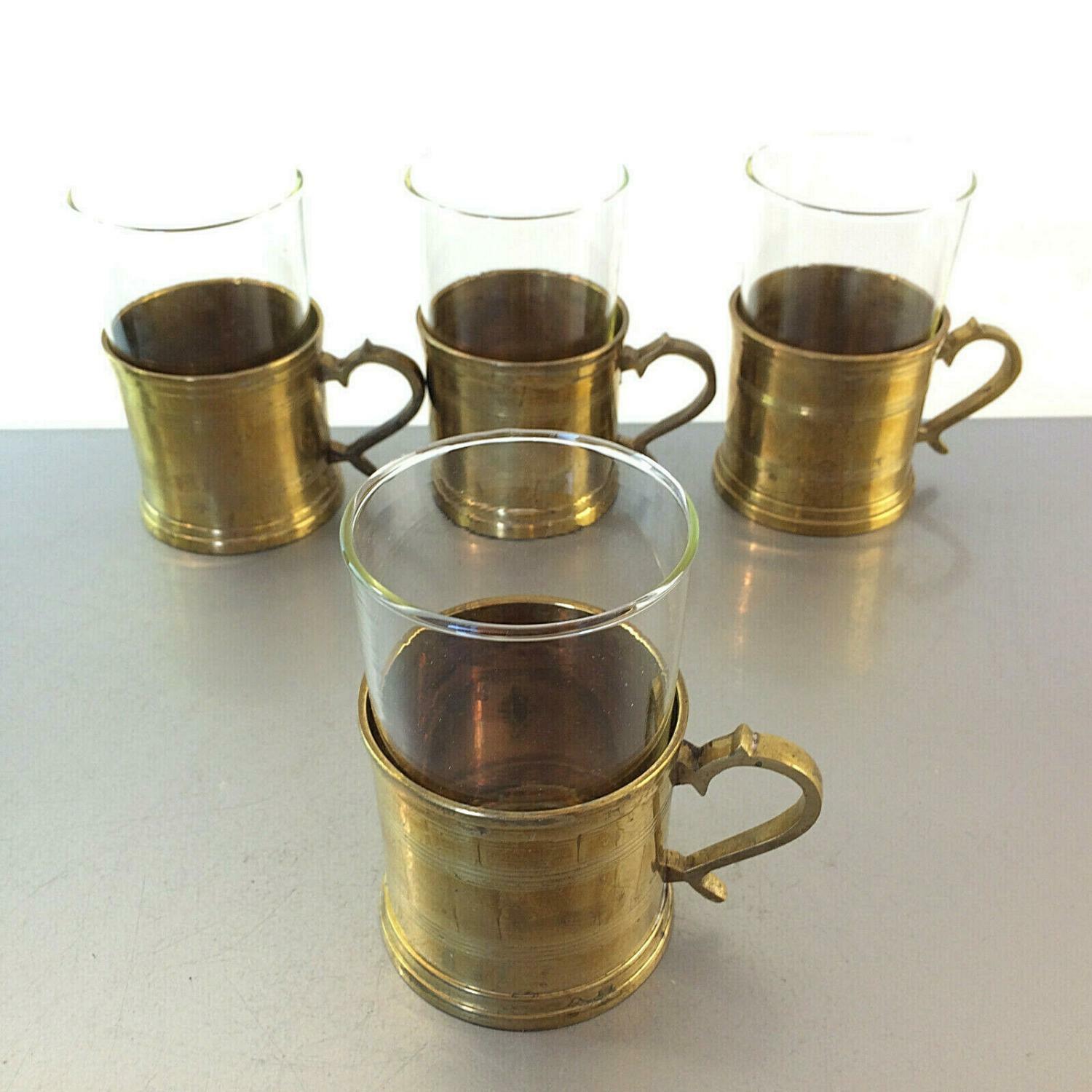 Teegläser Teetassen 4 er Set Messing 50er 60er SCHOTT Mainz Glas Messing