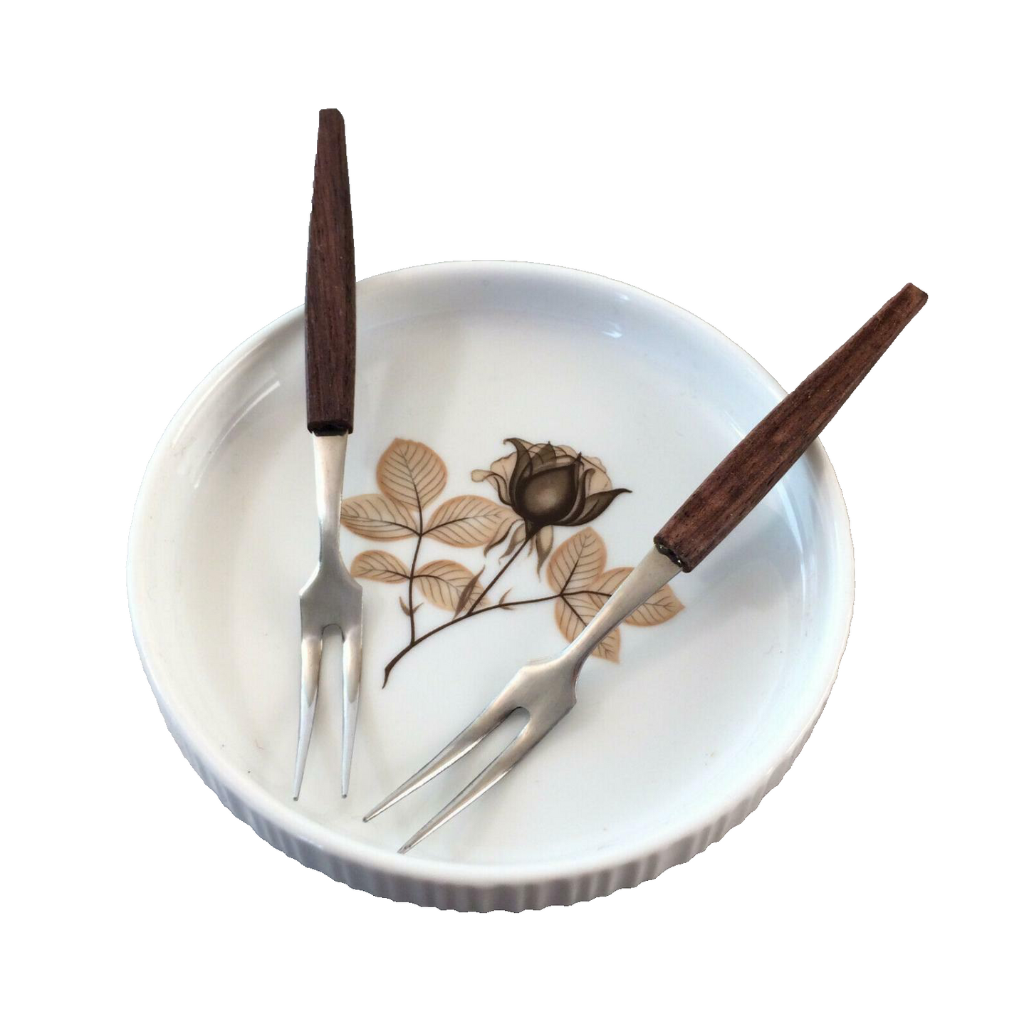 Schale SCHÄLCHEN Porzellan mit Gabeln Teak Metall MID CENTURY 50er 60er 