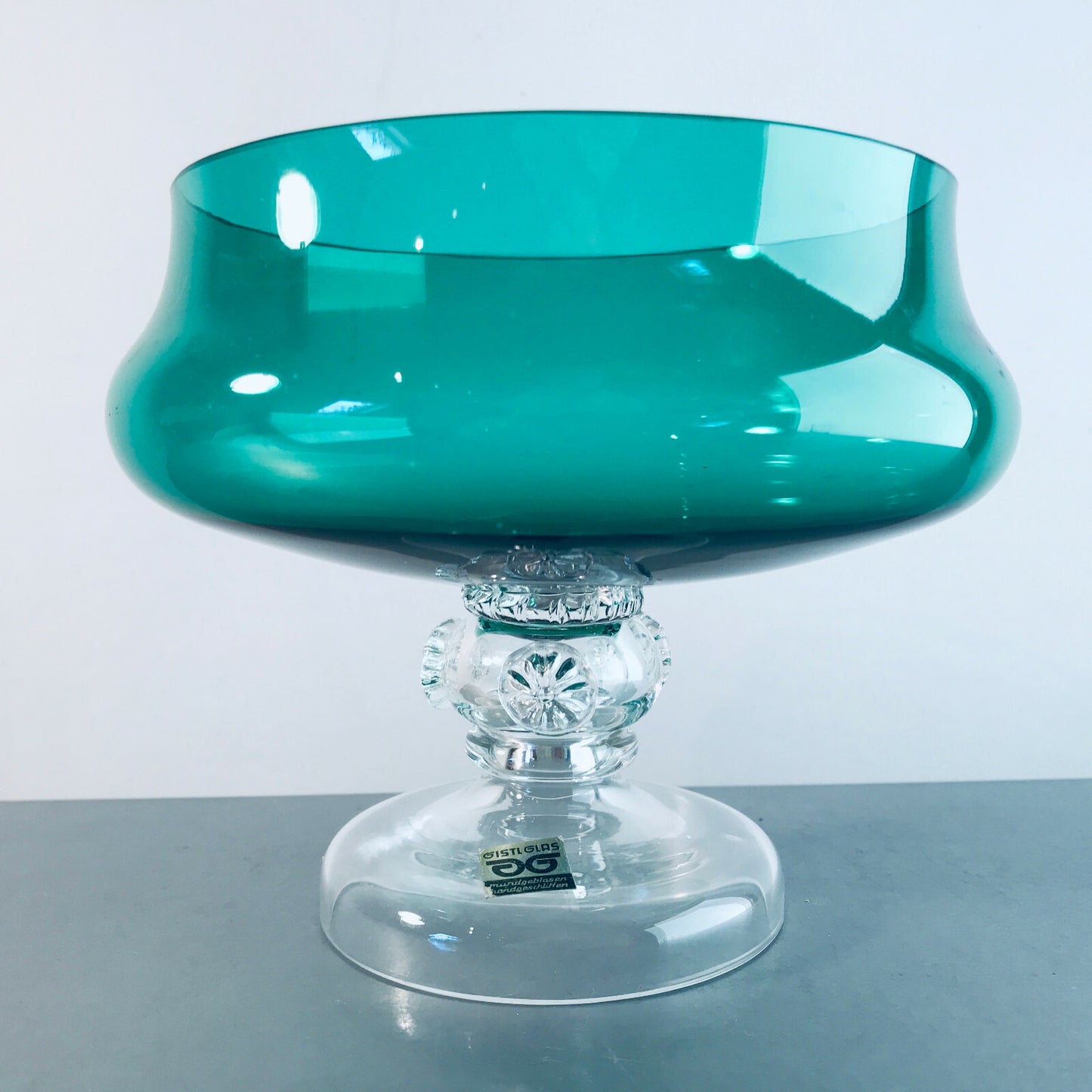 DISTL Vintage Glas grün Glasschale 50er 60er H 12,6 cm  Noppen