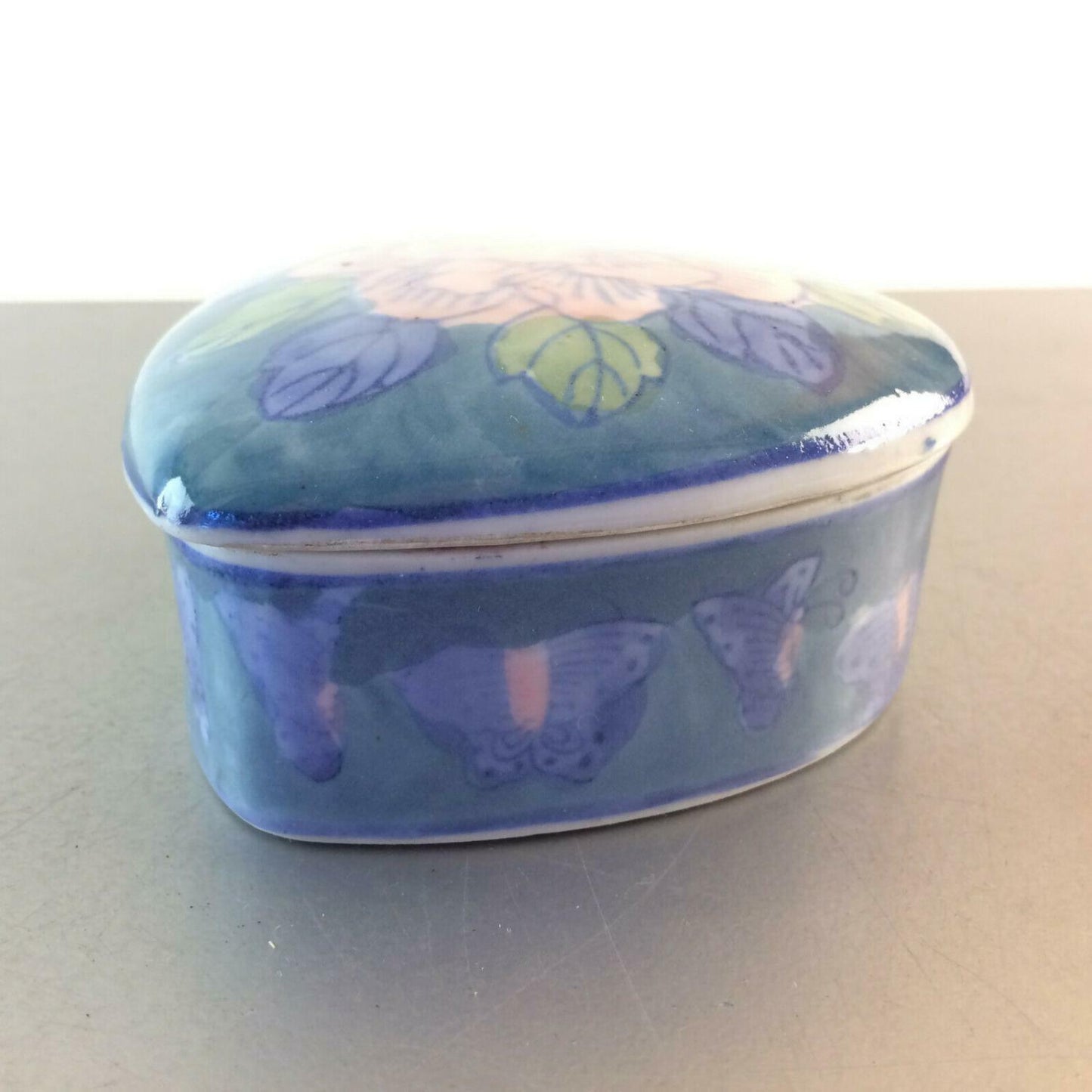 Herzdose 60er 70er Porzellandose Blumen grün rosa Dose Deckeldose 10 cm