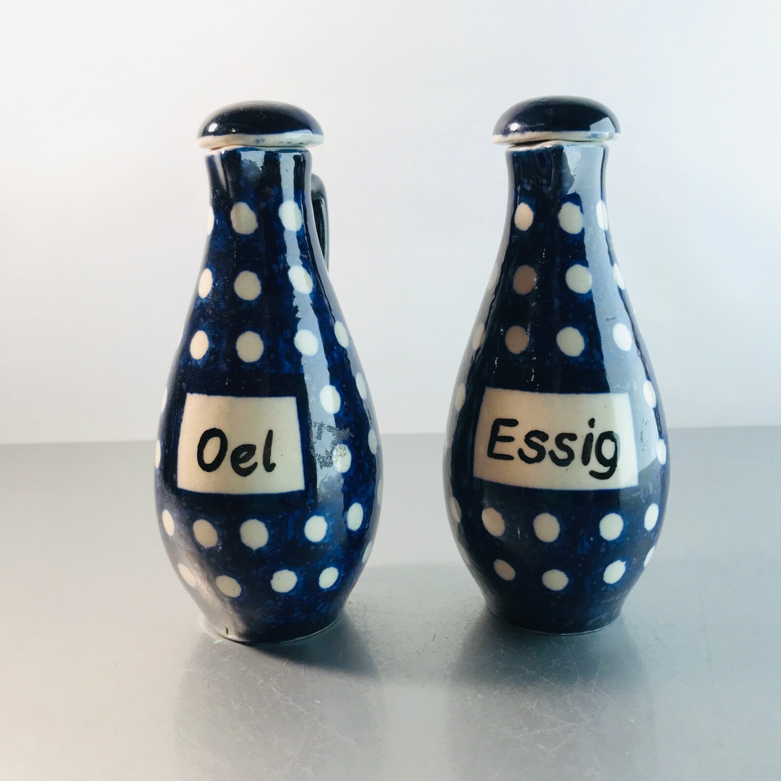 Keramik Essig- und Ölset blau Punkte H 13,5 cm Kännchen Kannen