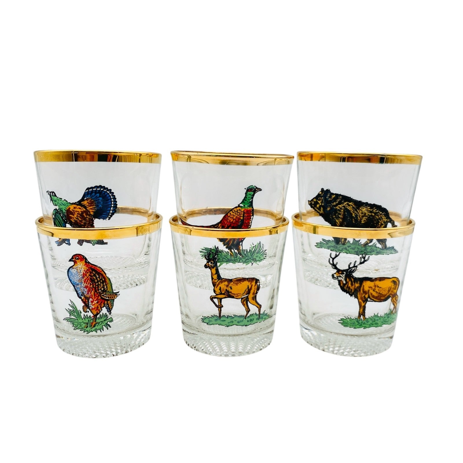 Whiskygläser 6er Set bemalt 60er 70er Vintage H 8,2 cm Waldtiere Goldrand Vintag