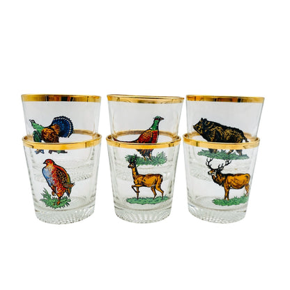 Whiskygläser 6er Set bemalt 60er 70er Vintage H 8,2 cm Waldtiere Goldrand Vintag