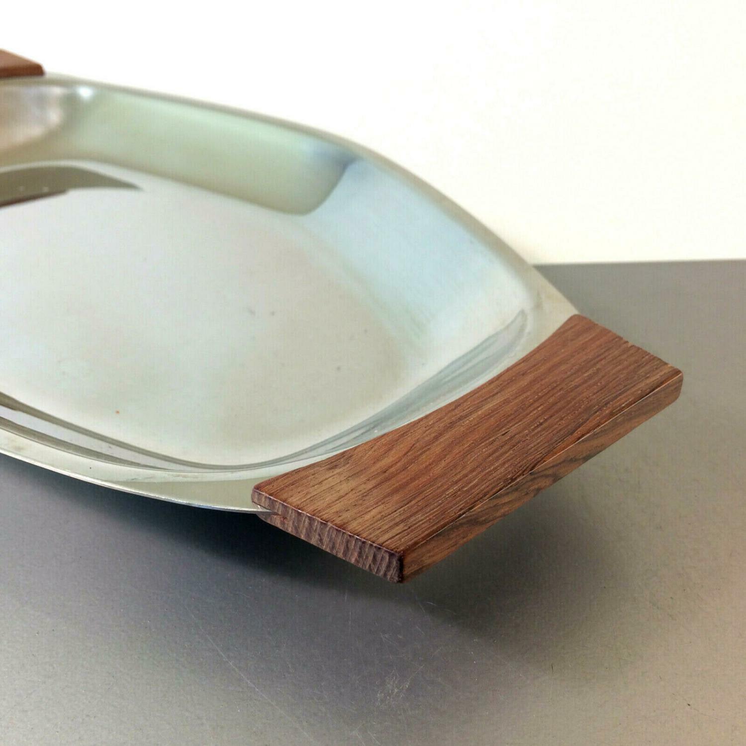 KLEEBLATT  Anrichte Platte Servierplatte Edelstahl Teak 33,5 cm