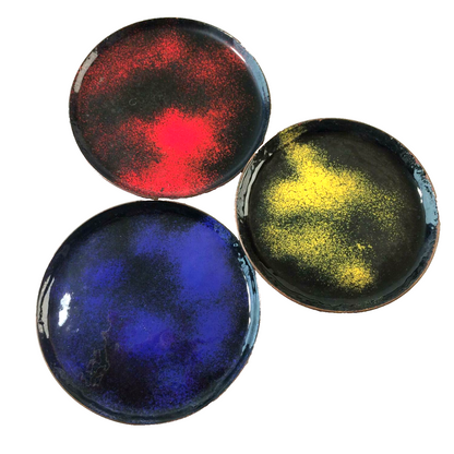 3 Untersetzer emailliert Teller Emaille  D 7,6 / 7,4 cm 50er 60er KUPFER