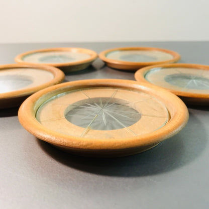 MID CENTURY Holz Glas 50er 60er Untersetzer mit Schliff 8,7 cm Dekoration