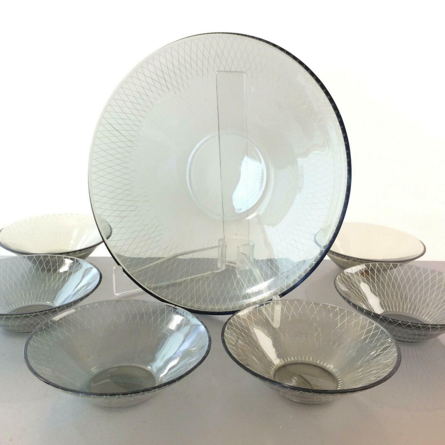 RAUCHGLAS 50er 60er Schüssel Schälchen Schale Set MID CENTURY 7 teil.