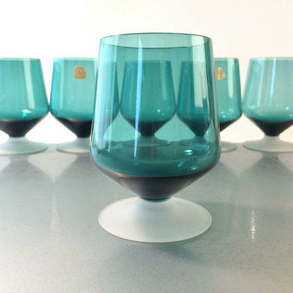 TAUBE Gläser 9,8 cm Satinato Fuß blau 6er Set  MID CENTURY GLAS  50er 60er