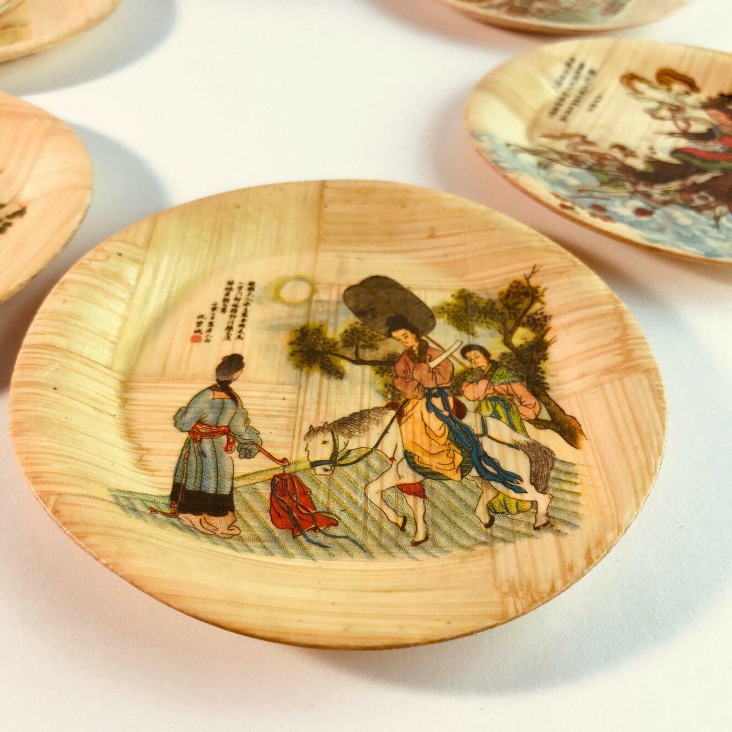 6er Set Untersetzer Taiwan CHina Gläser 50er 60er Holz bemalt 10,8 cm