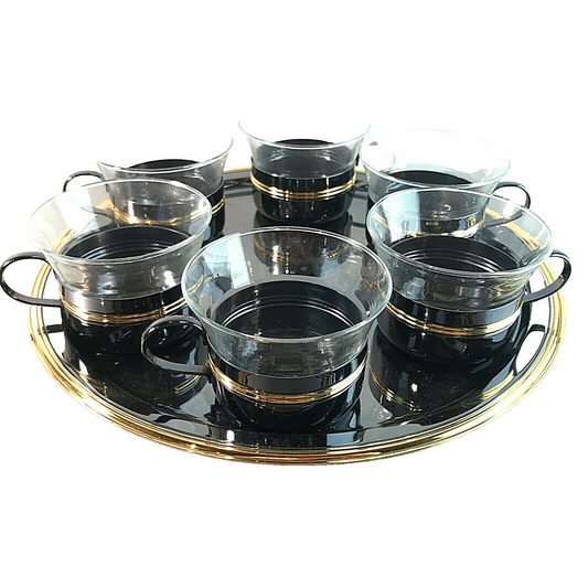 Teetassen Teegläser D Glas 8,5 cm 6 er Set 50er 60er + Tablett 29 cm