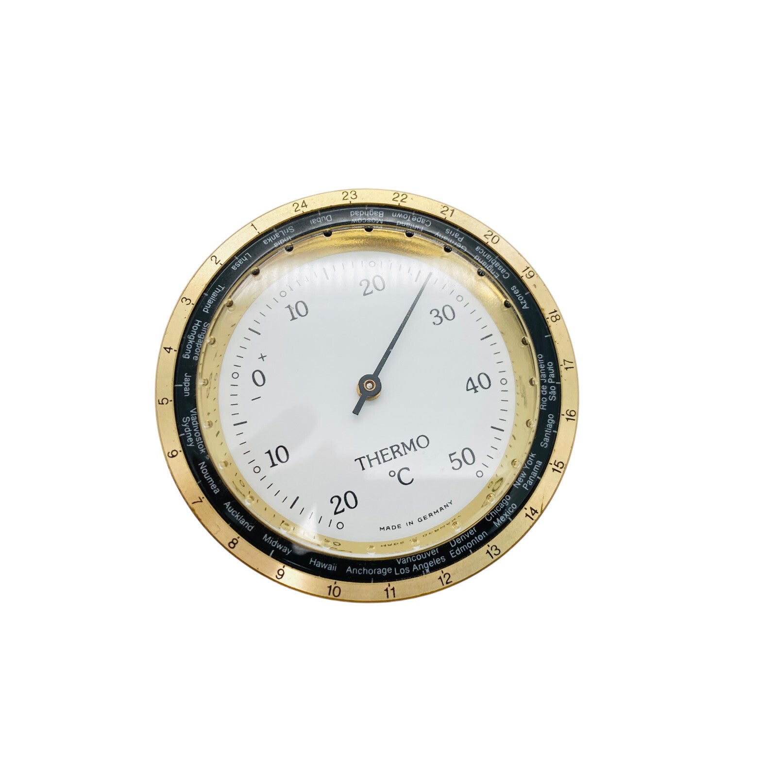Hydrometer mit Thermometer und Wecker Reiseuhr golden Wehrle D 5,5 cm
