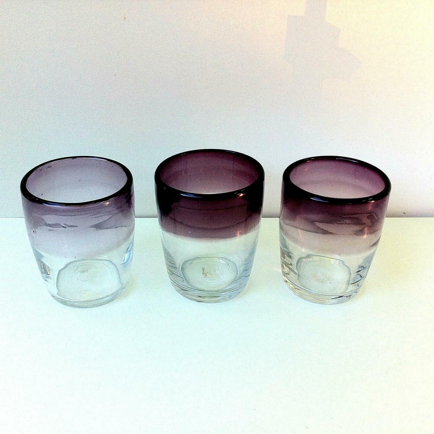 3er Set Gläser Wasserglas Glas Unikate violett lila H ca. 10 cm