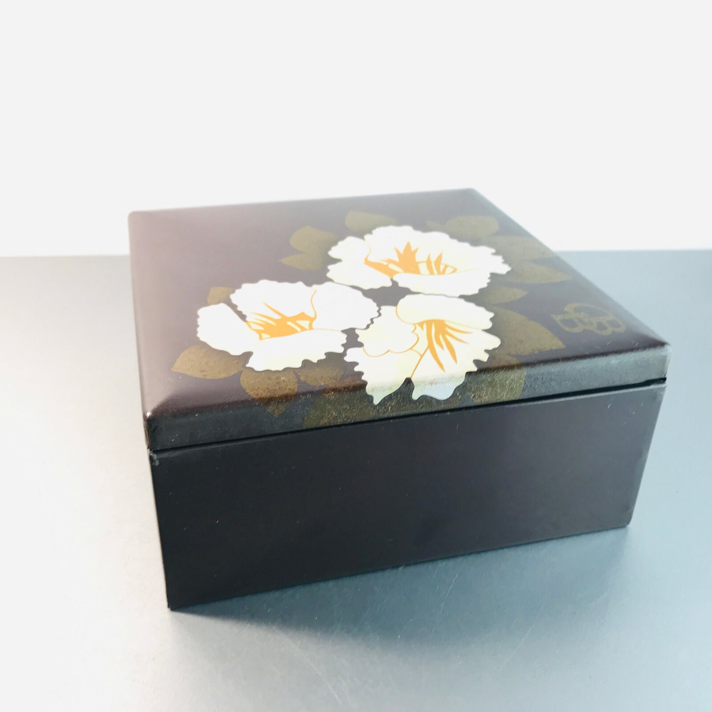 Blechdose Dose aus Metall Blech 7 x 16 x 16 cm braun Blüten 70er Dekoration