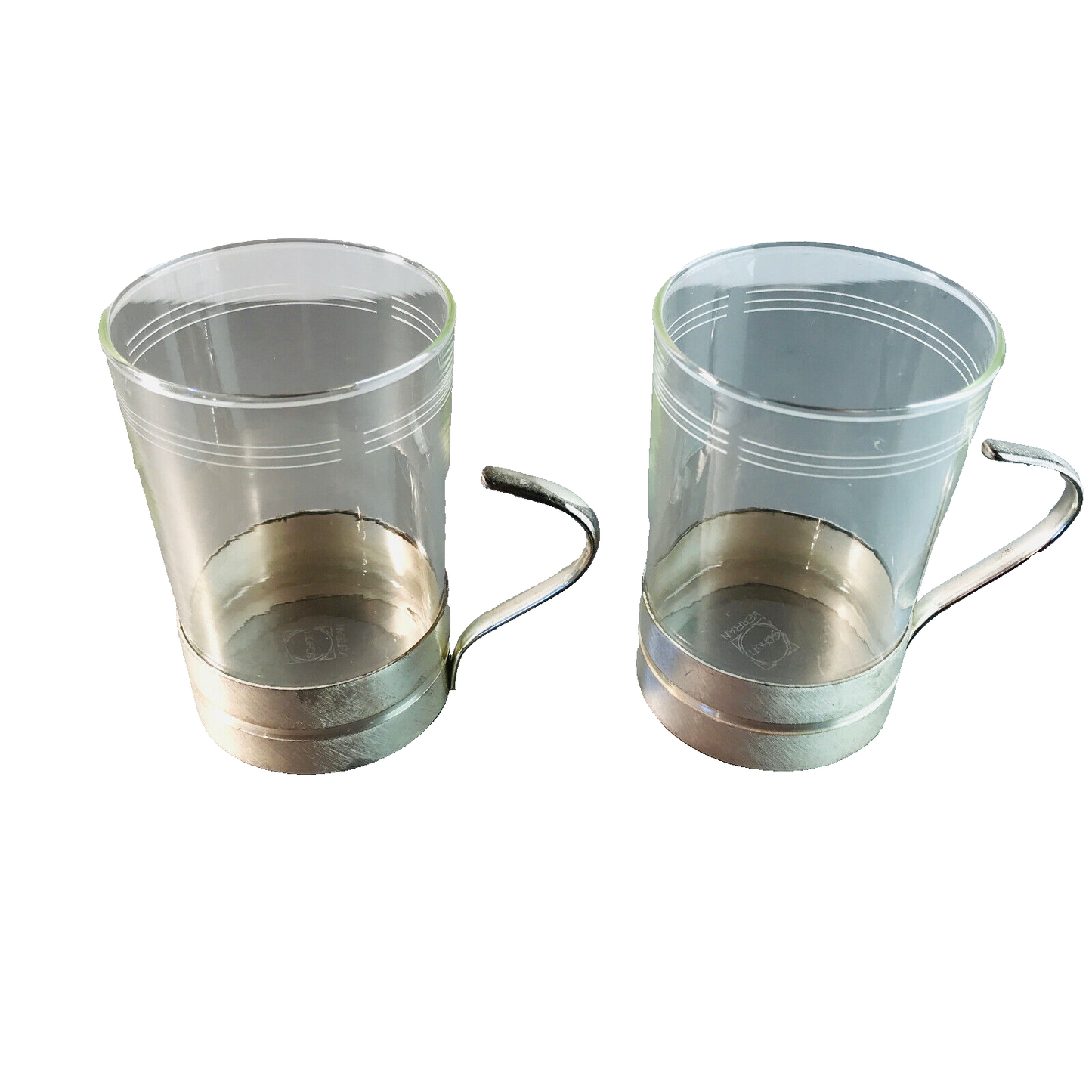 SCHOTT Teetassen Teegläser 10 cm mit Dekor im Halter 2er 50er 60er