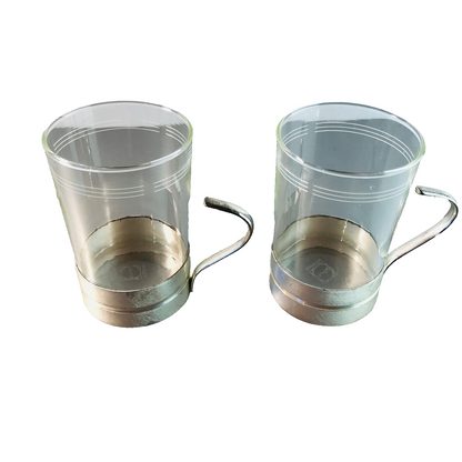 SCHOTT Teetassen Teegläser 10 cm mit Dekor im Halter 2er 50er 60er