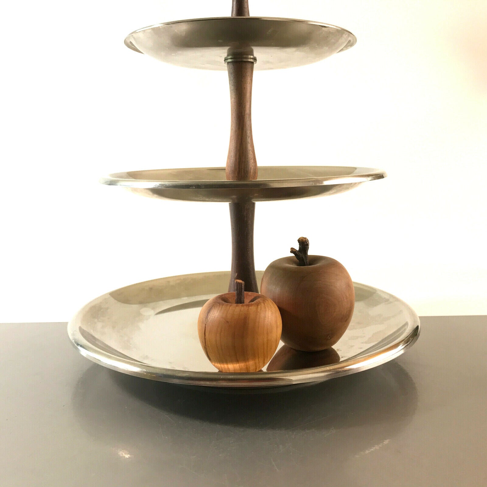 SUS Edelstahl VINTAGE 60er Holz Etagere Schale Teller 35 cm Teak Halter Deko