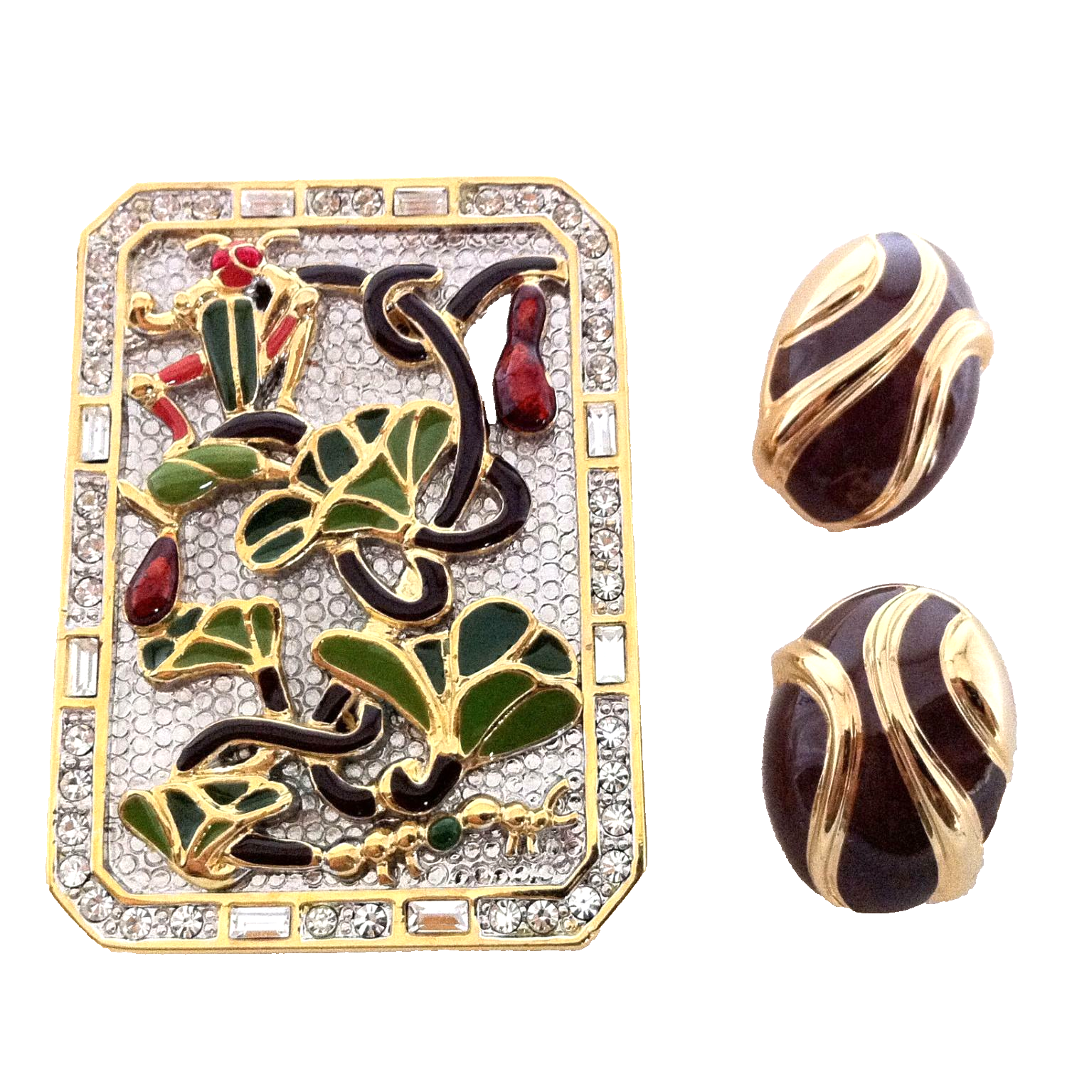 SchmuckkonvolutBrosche Laura Valoré & Ohrchlips golden mit Steinen KONVOLUT