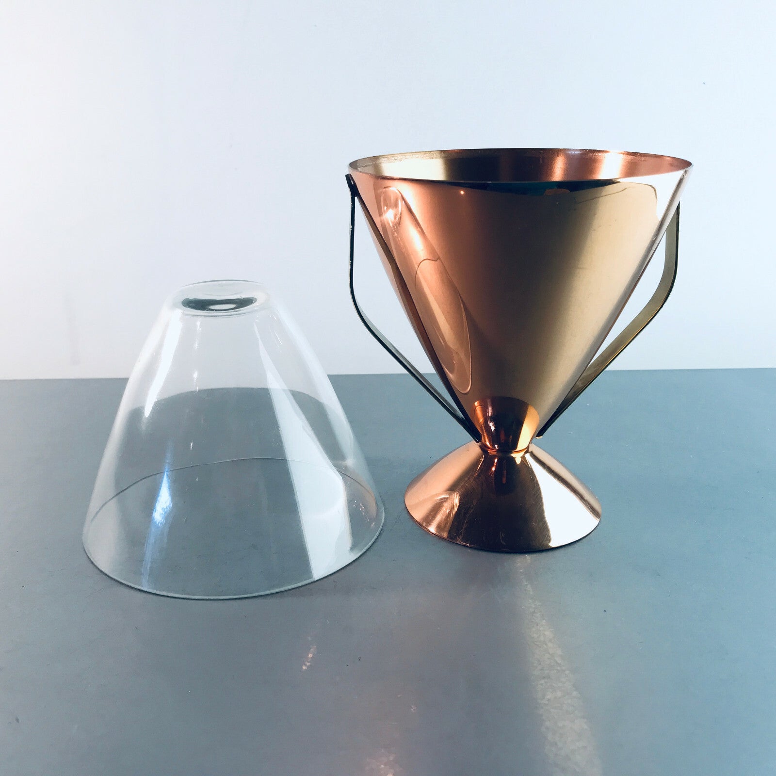 MID CENTURY 50er 60er Vase 14 cm Kupfer innen Glaseinsatz Eiseimer