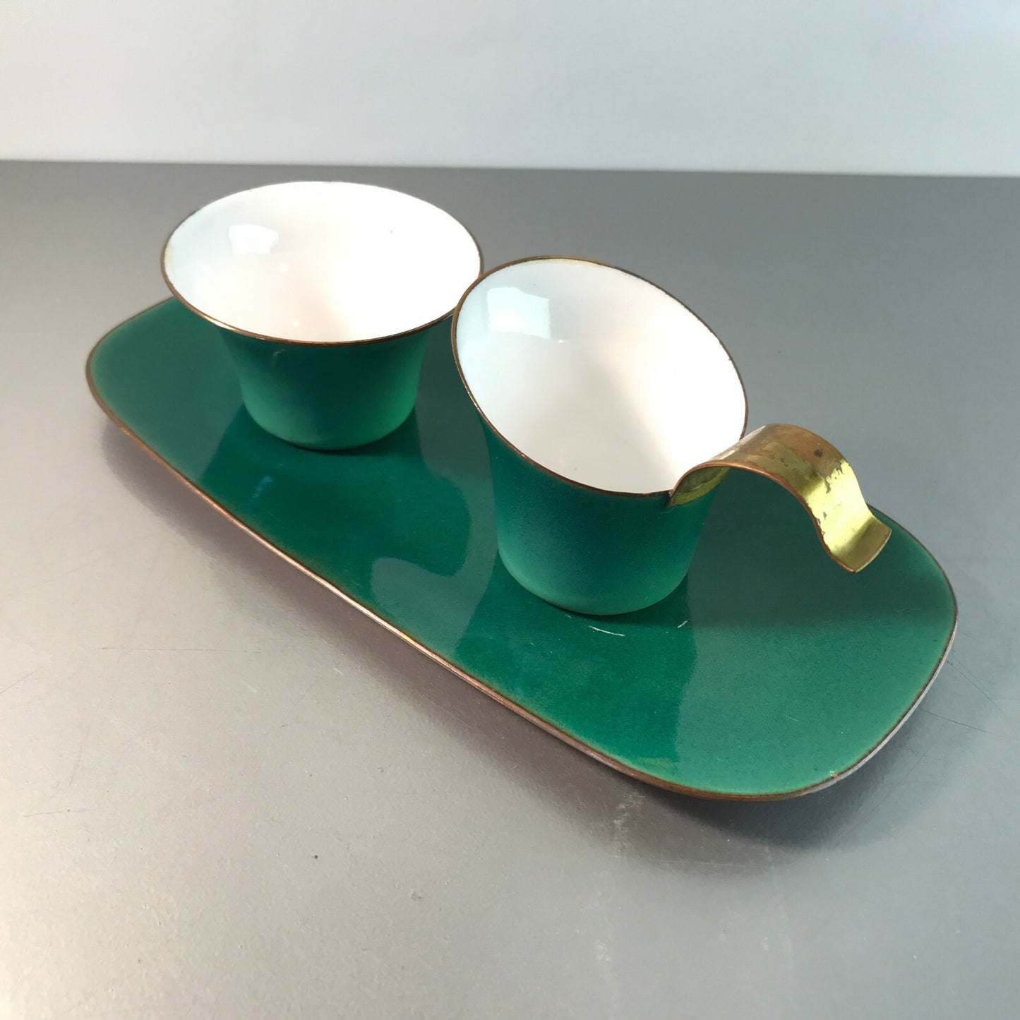 SAHNESERVICE 50er Rahmservice EMAILLE Kupfer Zucker Milch MID CENTURY grün