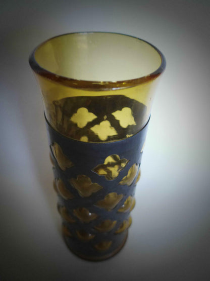60er 70er VASE Metallmantel Noppen Nuppen Bubbles Bernstein Glas 19 cm