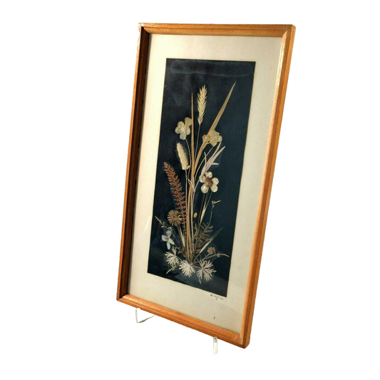 Strohbild VINTAGE 50er 60er Vase Blumen 16,5 x 31,4 cm im Rahmen 