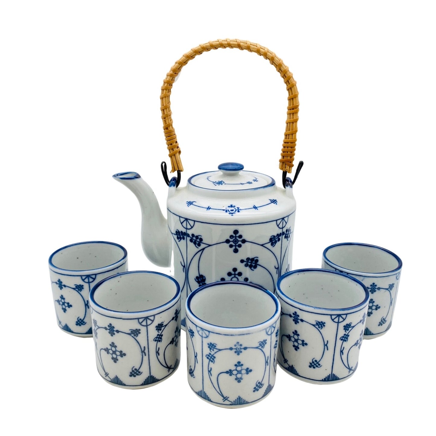 Teeservice 5er Set Teeschalen Teekanne blau weiß Blüten Vintage 60er 70er Jahre