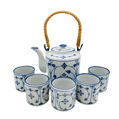 Teeservice 5er Set Teeschalen Teekanne blau weiß Blüten Vintage 60er 70er Jahre