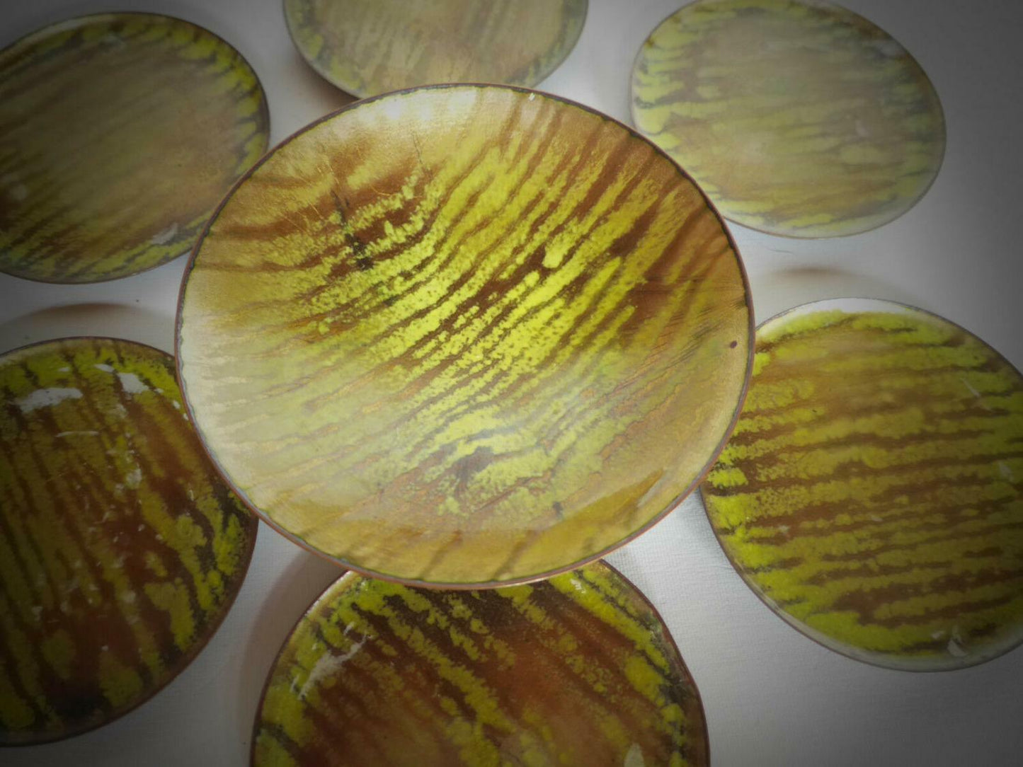 KUPFER Emaille Tellerchen 50er 60er MID CENTURY emailliert Untersetzer Set Deko