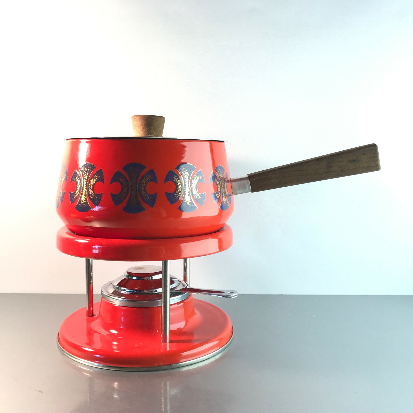 Vintage Fondue Fonduetopf Stövchen Rechaud Brenner Emaille MID CENTURY