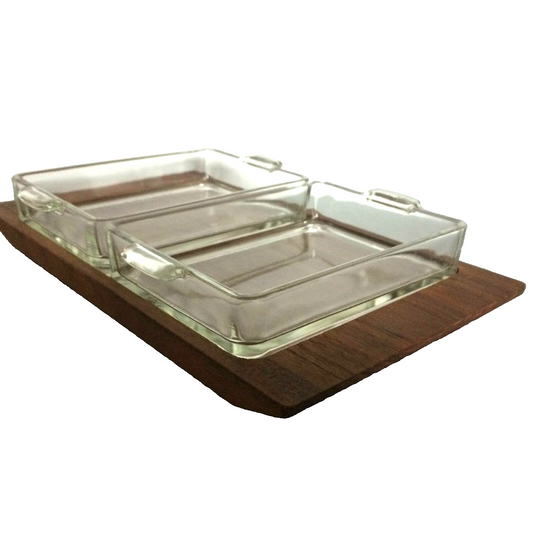 Servierschalen auf Tablett Holz Teak 50er 60er Glas Schalen Schälchen