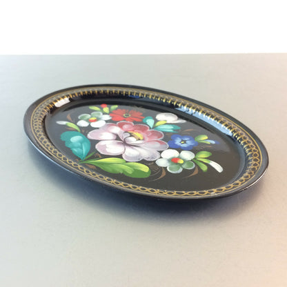 Tablett 17,3 cm bemalt Metall Blüten Blumen schwarz Gold Untersetzer