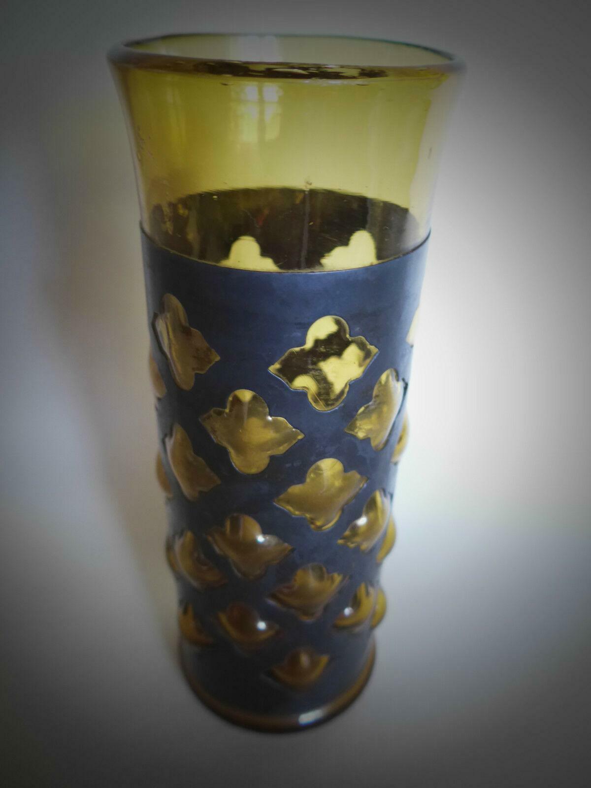 60er 70er VASE Metallmantel Noppen Nuppen Bubbles Bernstein Glas 19 cm
