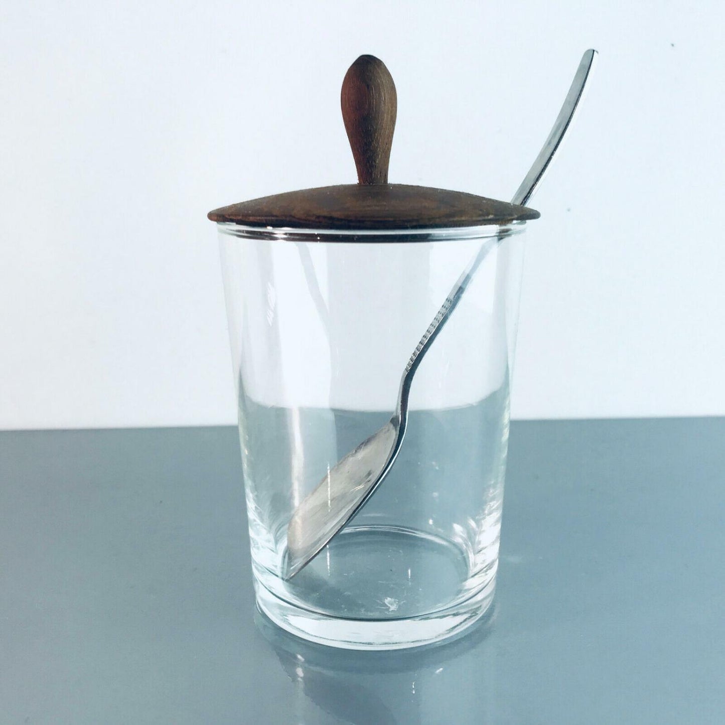 Vintage 60er 70er Teak HOLZ Schälchen GLAS MID CENTURY  Deckel Löffel