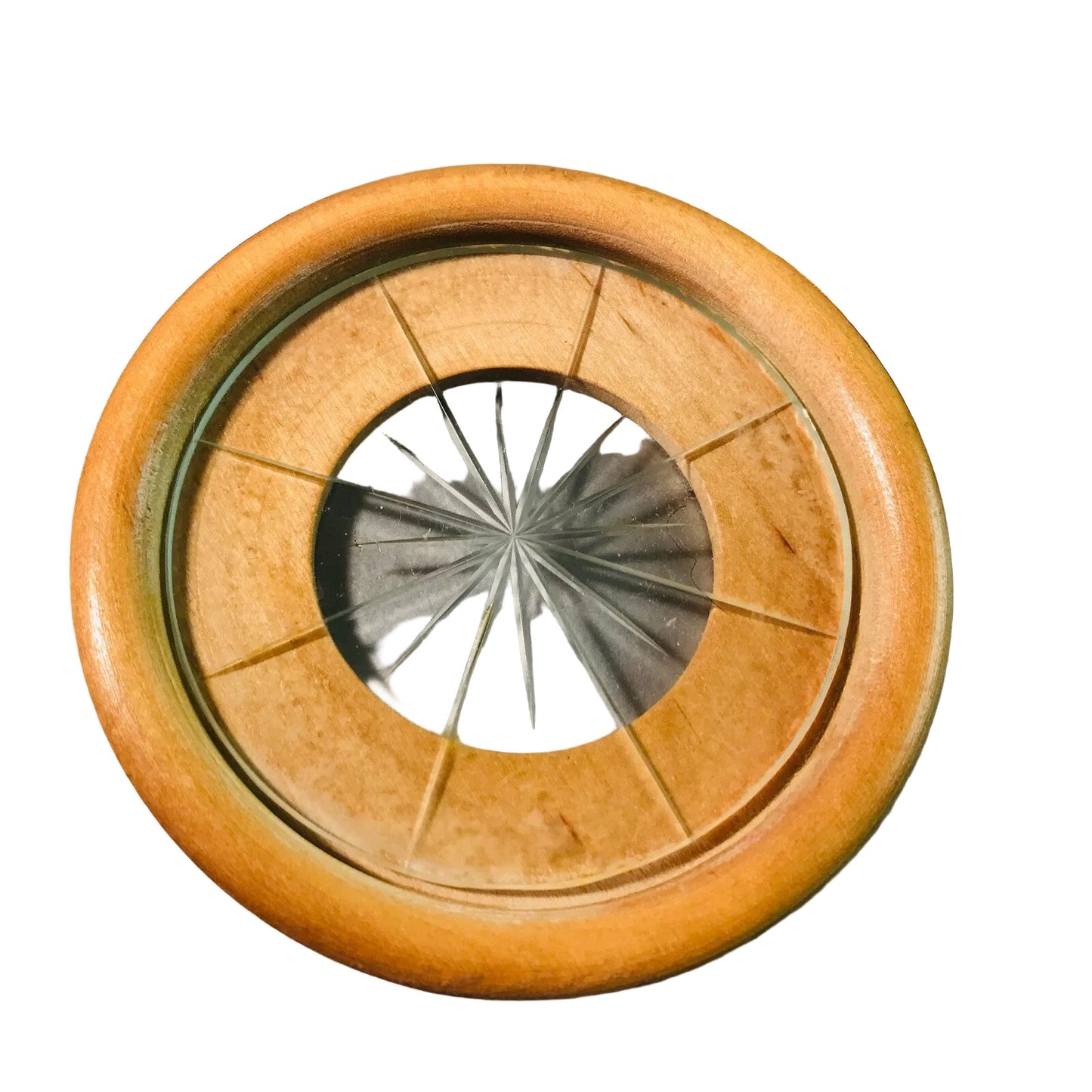 MID CENTURY Holz Glas 50er 60er Untersetzer mit Schliff 8,7 cm Dekoration