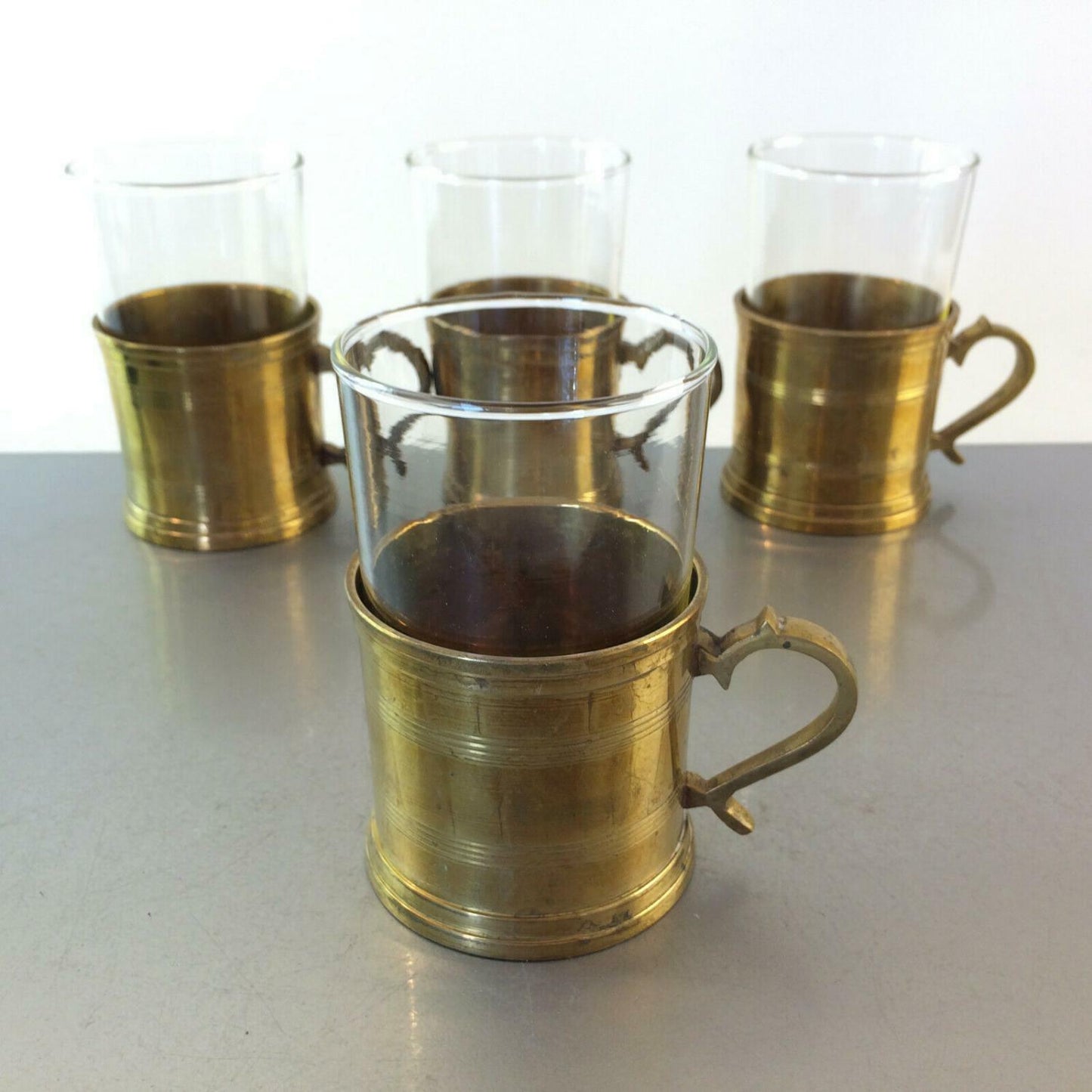 Teegläser Teetassen 4 er Set Messing 50er 60er SCHOTT Mainz Glas Messing