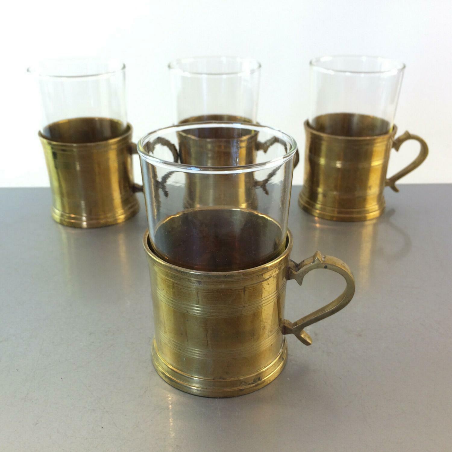 Teegläser Teetassen 4 er Set Messing 50er 60er SCHOTT Mainz Glas Messing