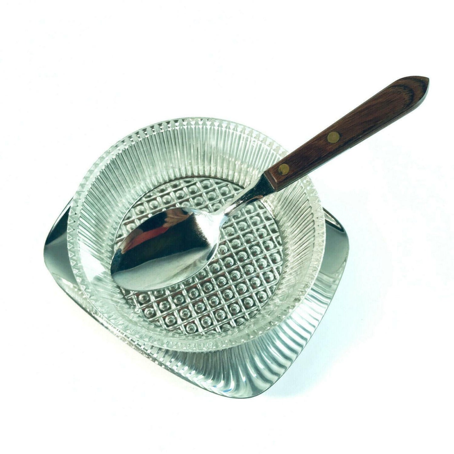 WILKENS Tablett EDELSTAHL GLAS Schälchen Oliven Käse 60er 70er + Löffel