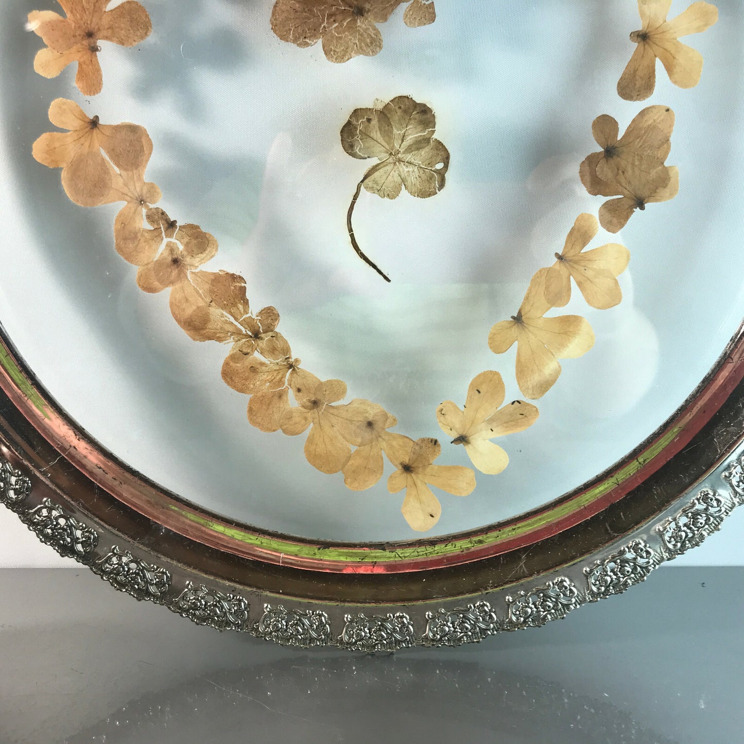 Glas Tortenplatte außen 36 cm 60er 70er versilbert Herz Teller Kleeblatt