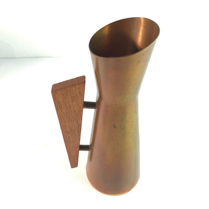 VINTAGE Vase Kupfer 50er 60er 17 cm Holz Teak Griff MID CENTURY