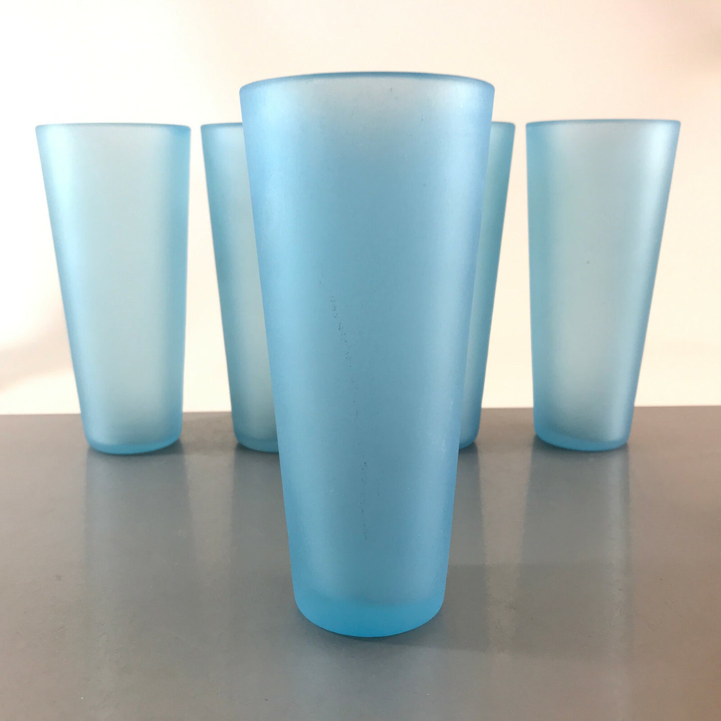 Wassergläser 15 cm 5 er Set 50er 60er blau satiniert LONG Gläser Vintage