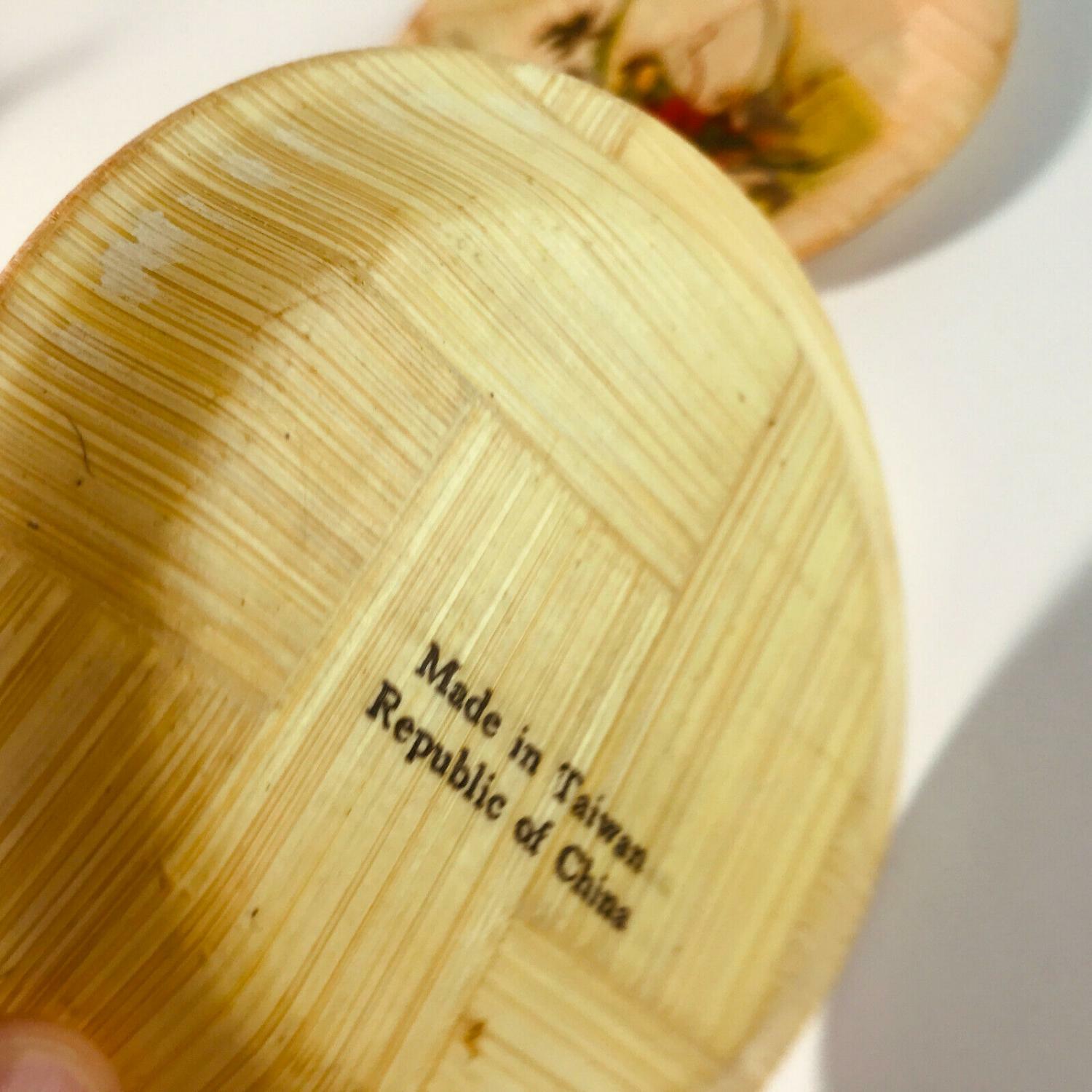 6er Set Untersetzer Taiwan CHina Gläser 50er 60er Holz bemalt 10,8 cm