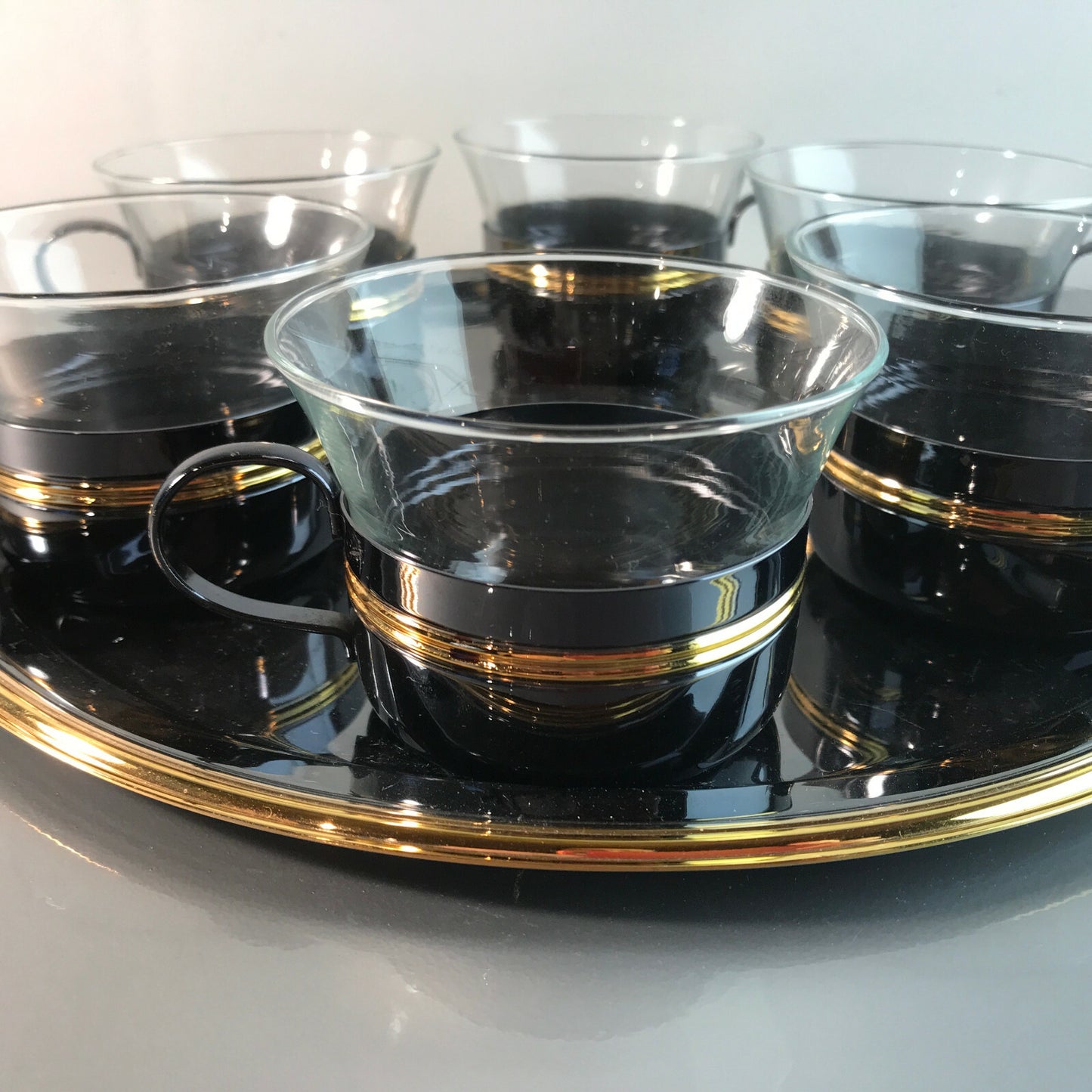 Teetassen Teegläser D Glas 8,5 cm 6 er Set 50er 60er + Tablett 29 cm