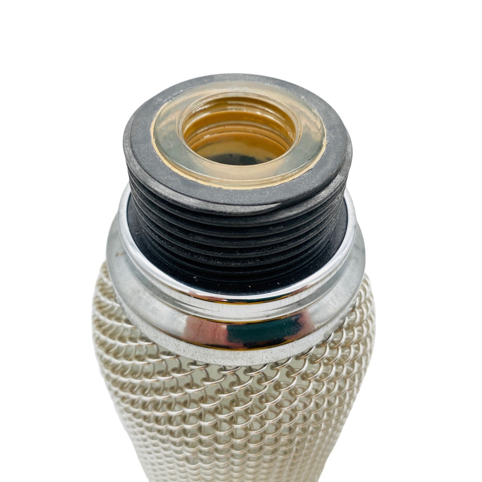 Sodaflasche Netz Vintage 60er 70er Sodasiphon Metall silber Siphon Glasflasche