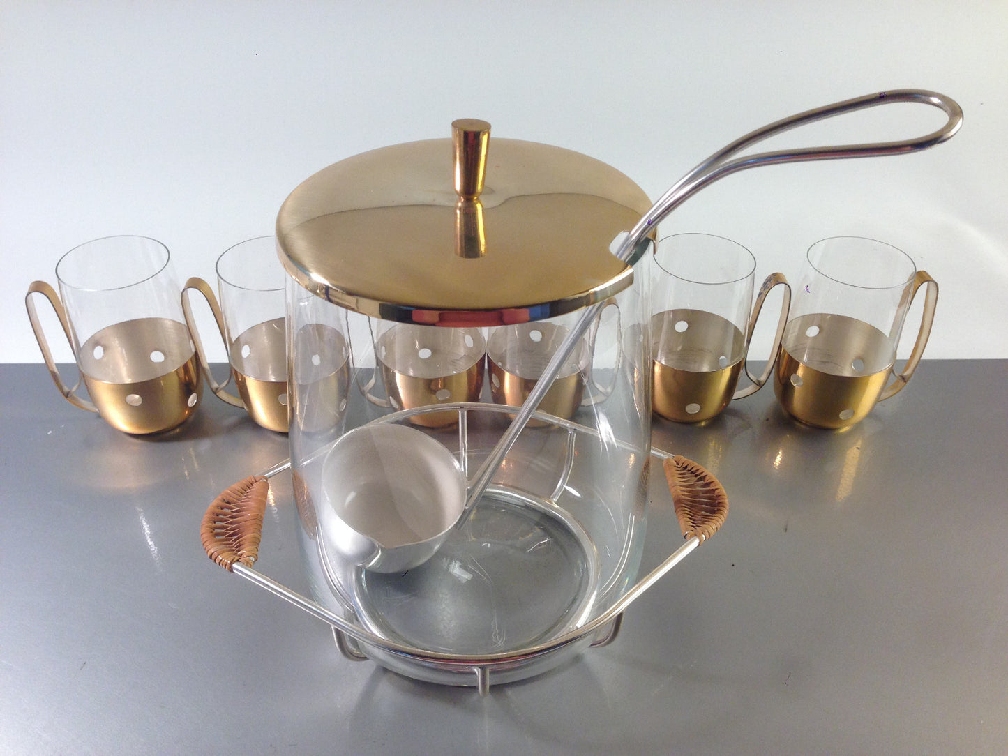VINTAGE 50er 60er Messing Glas Leder Silber BOWLE Gläser Tassen Kelle