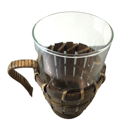 MID CENTURY Teeglas  Glas 50er 60er Holz 11,5 cm geflochten