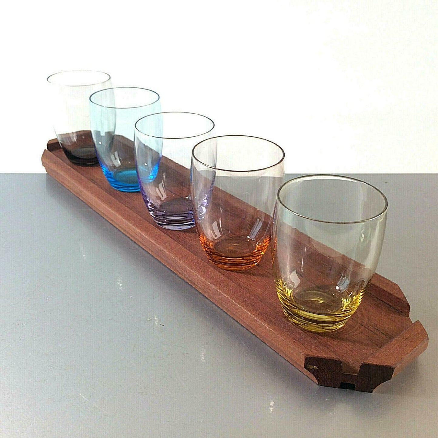 Gläser GLAS 5 er Set mit Tablett HOLZ Teak 50er 60er 7,5 cm bunt