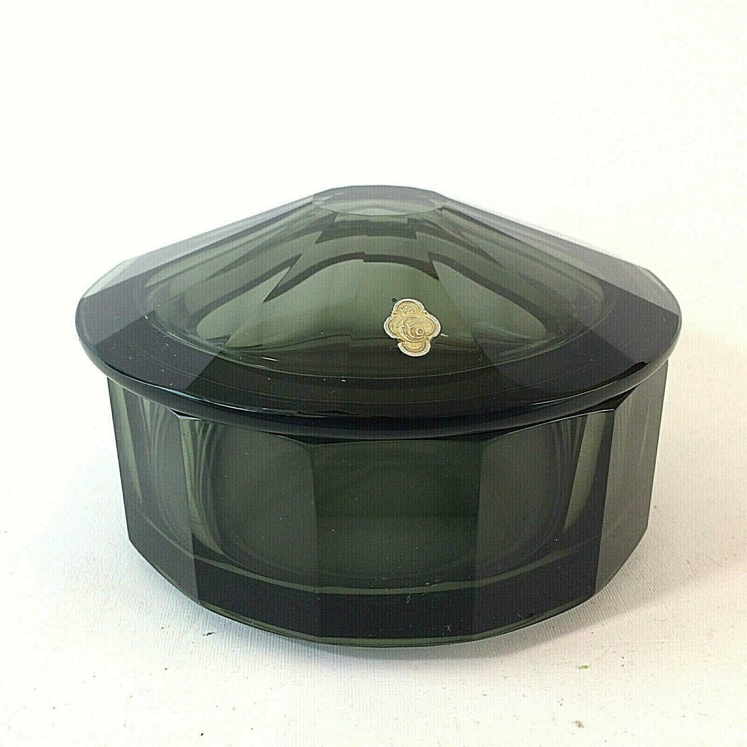 Art Déco Glasdose Dose gemarkt Rauchglas Facettenschliff 15,5 cm Böhmen