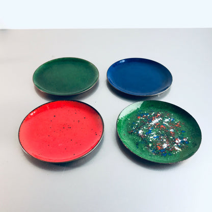MID CENTURY Emaille Untersetzer 4er Set 50er Vintage Teller 9 cm