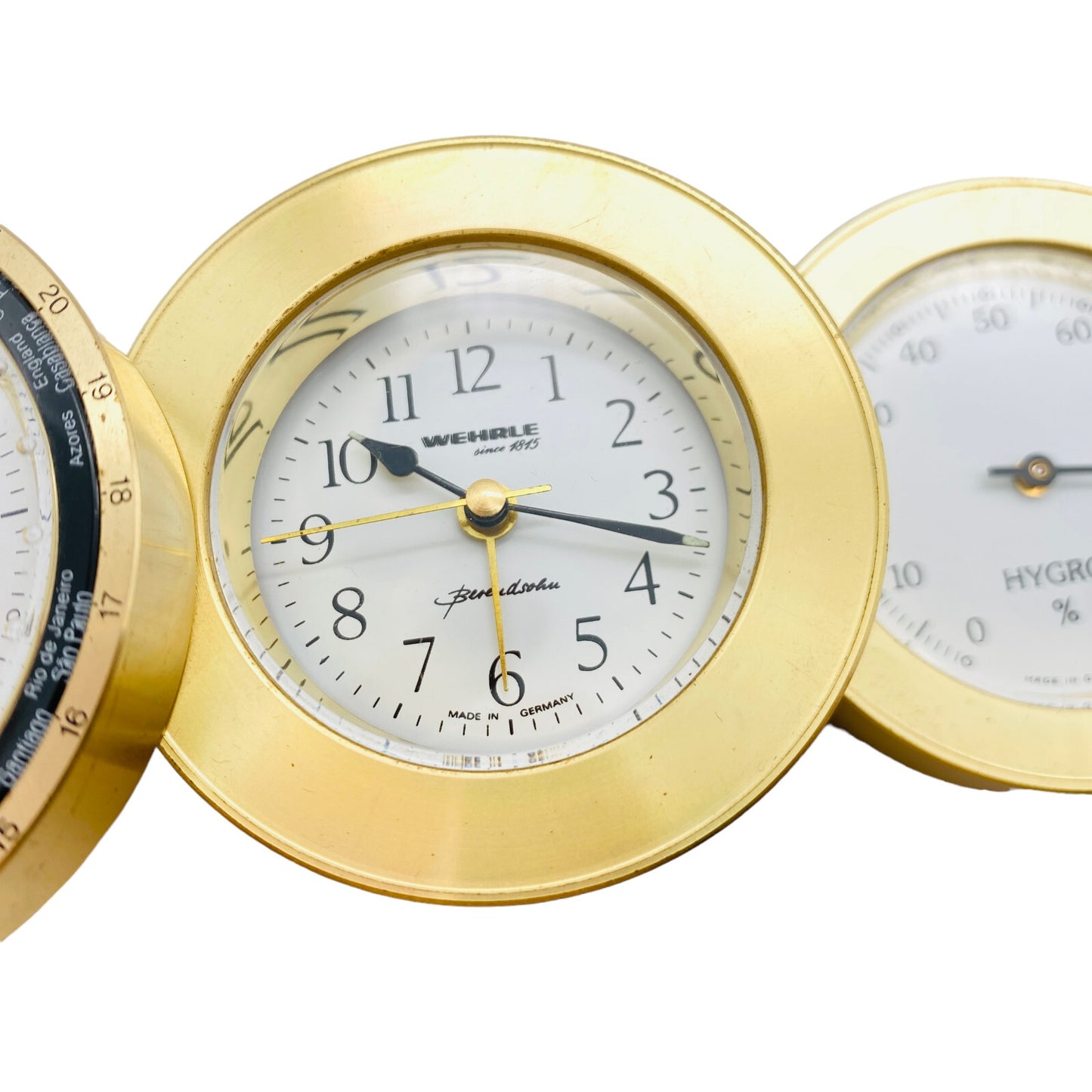 Hydrometer mit Thermometer und Wecker Reiseuhr golden Wehrle D 5,5 cm