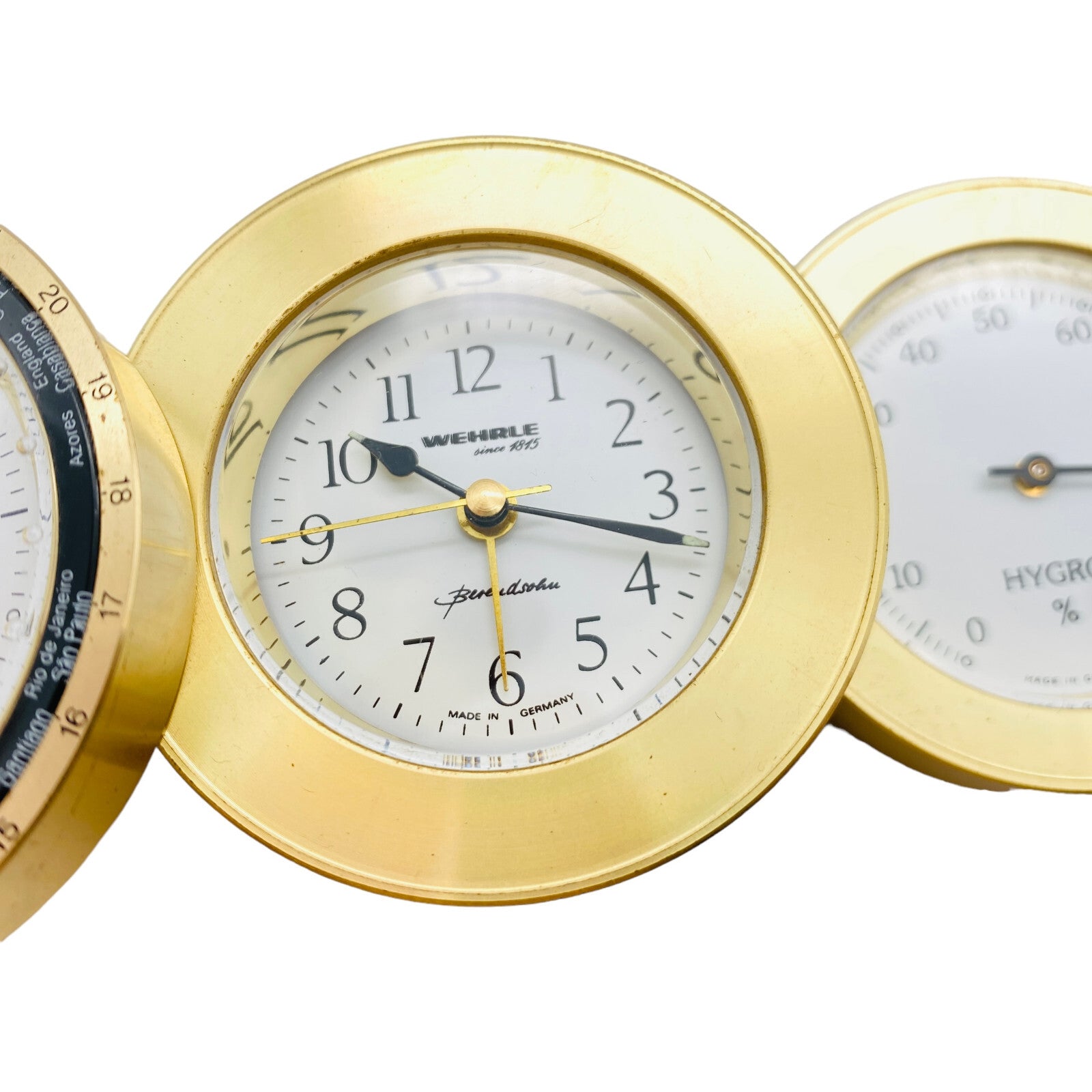Hydrometer mit Thermometer und Wecker Reiseuhr golden Wehrle D 5,5 cm